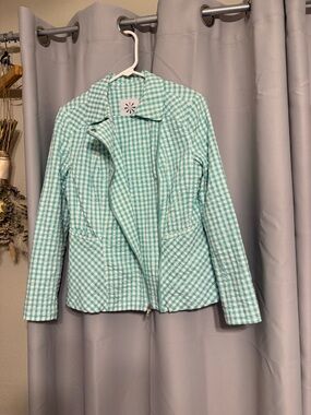Isaac Mizrahi Blue Gingham Seersucker Zip Jacket